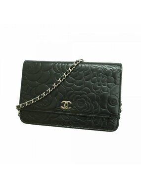 Chanel Shoulder Bag Camellia Lambskin Black Silver
